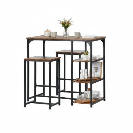 FurnitureR Ensemble de salle à manger 3 pièces, table industrielle avec étagères de rangement et 2 tabourets, structure en métal noir avec plateau en MDF, marron