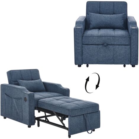 FurnitureR Fauteuil convertible canapé lit 1 place pliable avec USB Type C porte gobelet poche latérale dossier réglable tissu, Blau