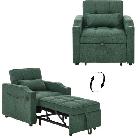 FurnitureR Fauteuil convertible canapé lit 1 place pliable avec USB Type C porte gobelet poche latérale dossier réglable tissu, Vert