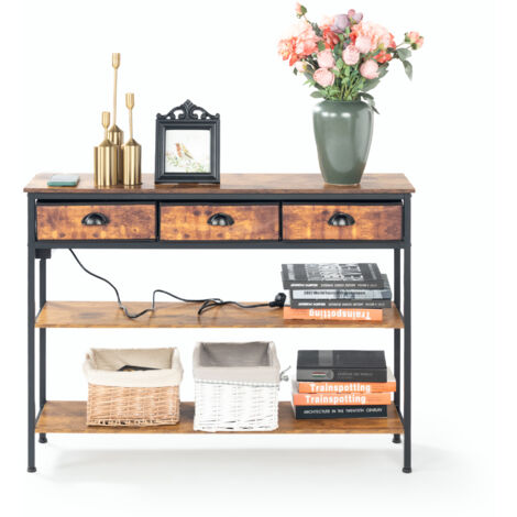 FurnitureR Konsolen-Sofatisch mit USB-Anschlüssen, Steckdosen, Flurtisch für Wohnzimmer, Flur, Unterhaltungszentrum mit 3 Schubladen und Ablagefach, braun