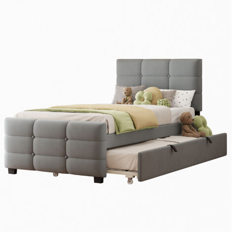 FurnitureR Lit simple 90x190 avec lit gigogne tissu velours lit rembourré tête de lit haute lit invité gain de place, Gris