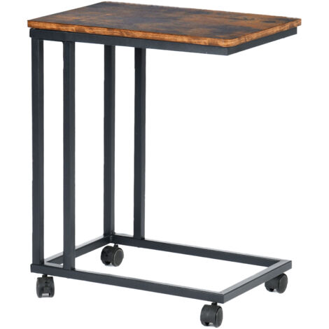 FurnitureR Mobiler C-förmiger Beistelltisch mit Rollen, industrieller Holzplatte, Metallgestell, braun