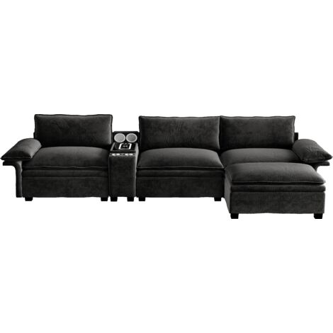 FurnitureR Modulares 4-Sitzer Sofa Wohnzimmer mit Bluetooth Lautsprecher Wireless Charging Verstellbare Armlehnen Stoff Sofa mit Ottomane und Stauraum, schwarz