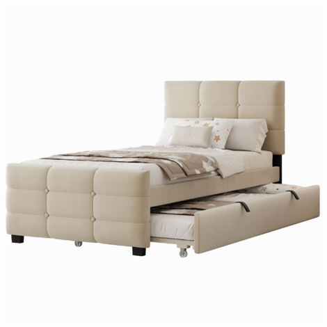 FurnitureR Polsterbett 90x190 mit Ausziehbett Einzelbett Samtstoff Gästebett Doppelbett Funktion Hoch Kopfteil Platzsparend, Beige