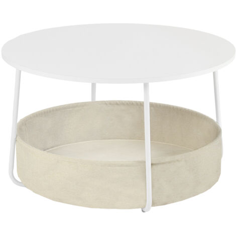 FurnitureR Runder Couchtisch mit Stauraum, hochglänzender weißer Beistelltisch für das Wohnzimmer mit Stoffkorb, D7575H45,5 cm