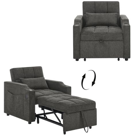 FurnitureR Sessel Schlafsofa Einzelsofa Klappbar Sofa Bett mit USB und Type C Getränkehalter Seitentasche Verstellbare Rückenlehne Stoff, Grau