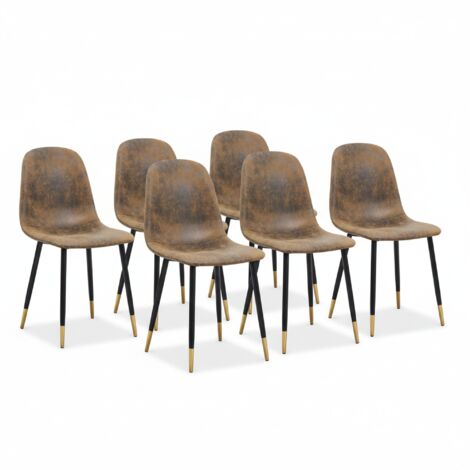 FurnitureR Skandinavische Esszimmerstühle aus Kunstwildleder, gepolsterte Küchenstühle mit Metallbeinen für Esszimmer und Wohnzimmer, braun + schwarz-gold, 6er-Set