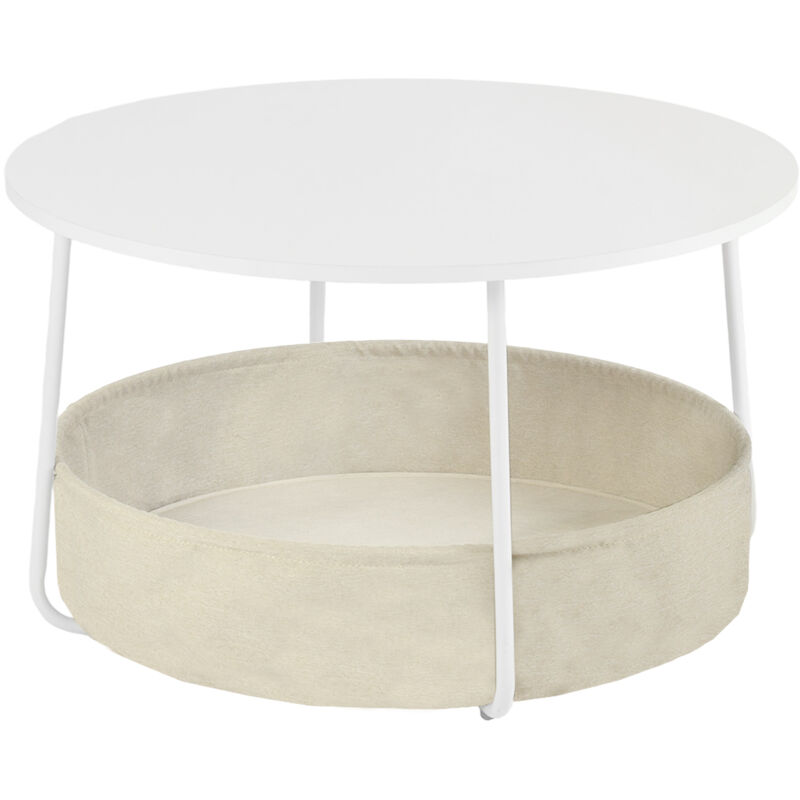 FurnitureR Table basse ronde avec rangement, table centrale blanche brillante pour salon avec panier en tissu, D7575H45,5 cm FurnitureR Table basse ronde avec rangement, table centrale blanche brillante pour salon avec panier en tissu, D7575H45,5 cm