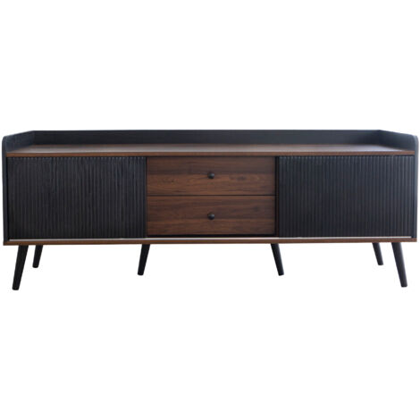 FurnitureR TV Lowboard Skandinavisches Fernsehmöbel mit Schubladen und Schiebetüren MDF TV Schrank Holzoptik Wohnzimmer Media Konsole, Schwarz