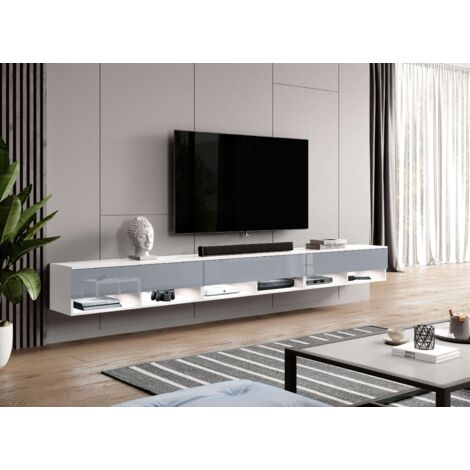 FURNIX Armoire TV ALYX 300 cm (3x100cm) Buffet bas Commode TV blanc/gris brillant