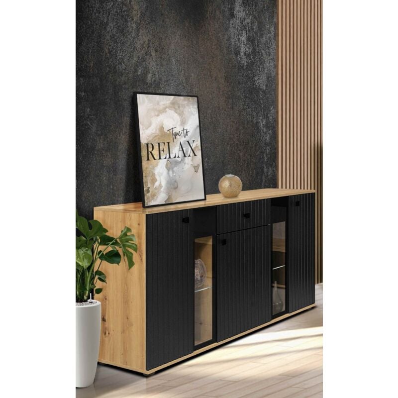 Buffet sarai tiroir 3 portes led buffet portes en verre 140 cm artisan noir - Furnix