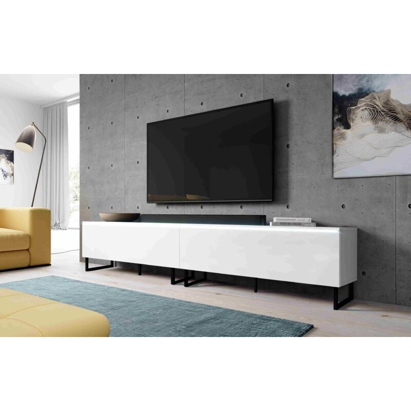 Commode tv bargo 200 (2x100cm) avec éclairage led & pieds réglables blanc - Furnix