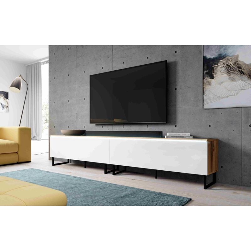 Commode tv bargo 200 (2x100cm) sans éclairage led & pieds réglables blanc wotan - Furnix