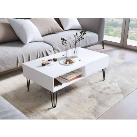 FURNIX Couchtisch DANLAY HAIRPIN Kaffeetisch Metalfüße & Schubladen Weiß