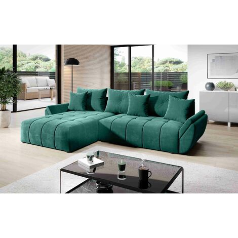FURNIX Ecksofa CALVANI Schlaffunktion Bettkasten Kissen Couch Sofa L-Form MH 37 - Grün