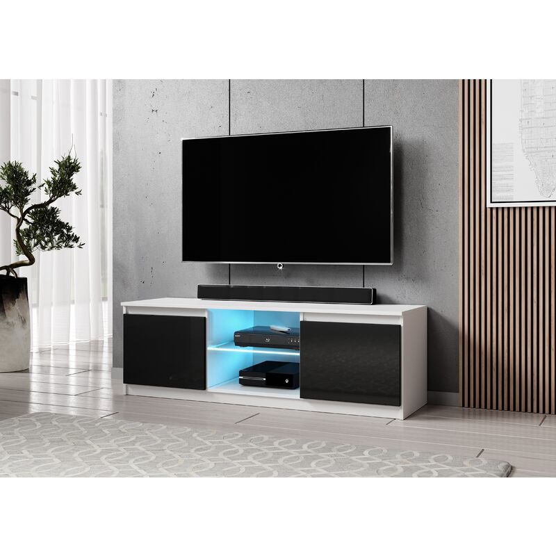 Furnix - Fernsehschrank ARENAL TV-Lowboard 120cm weiß/schwarz im Hochglanz mit LED