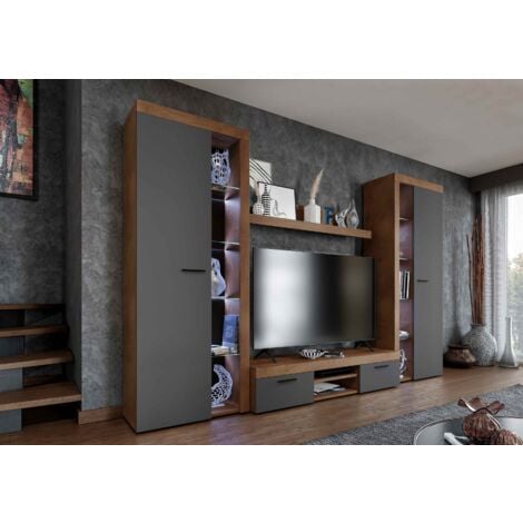 FURNIX Mediawand Alvor XL Wohnwand TV-Schrank Vitrine 4-tlg, 300 cm Lefkas/Graphit