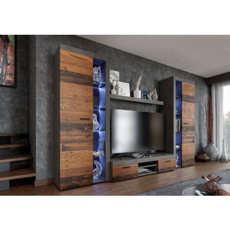 FURNIX Mediawand Alvor XL Wohnwand TV-Schrank Vitrine Regal 4-tlg 300cm old wood matera