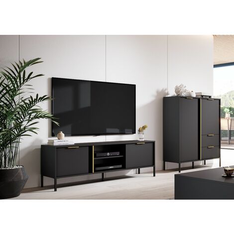 FURNIX Mediawand LARSON Wohnwand Kommode 103 2D1S und TV-Schrank 203 Schwarz