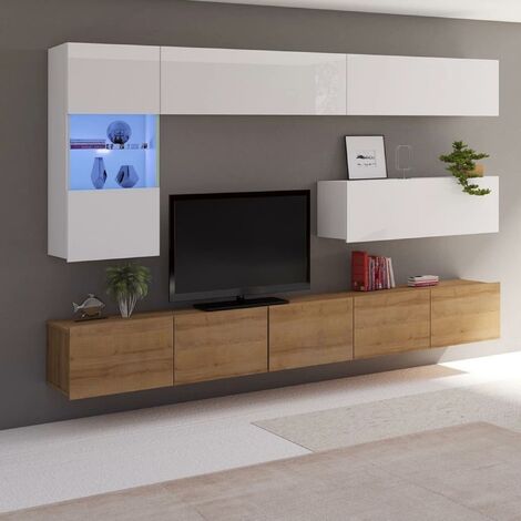 Wohnwand modern TV Lowboard Weiß massiv Wohnzimmerschrank Holz Mediawand Metall 