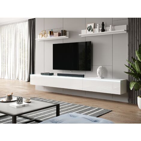FURNIX Mediawand Wohnwand BARGO 300 3x TV-Schrank 2x Wandregal Weiß Weiß Glanz