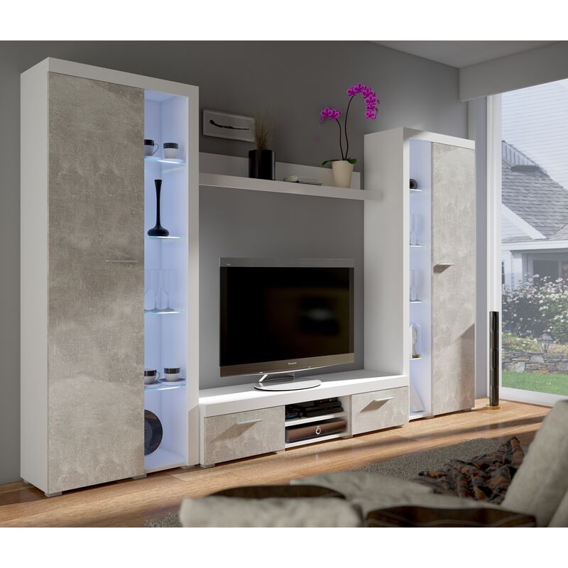 Mediawand Wohnwand Riva XL 4-teilig Maße B300 x H190 x T40,2cm Weiß/Beton - Furnix