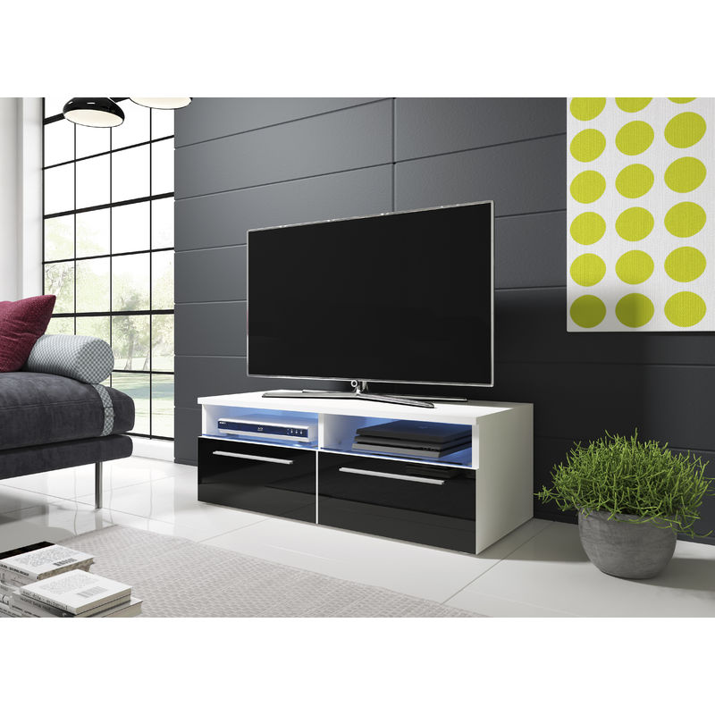Furnix - meuble tv / de salon boise 100 cm blanc mat noir brillant avec led style moderne <strong>contemporain</strong>
