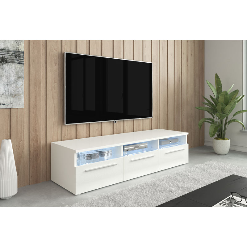 Furnix - meuble tv / de salon boise 150 cm blanc mat brillant avec led style moderne <strong>contemporain</strong>