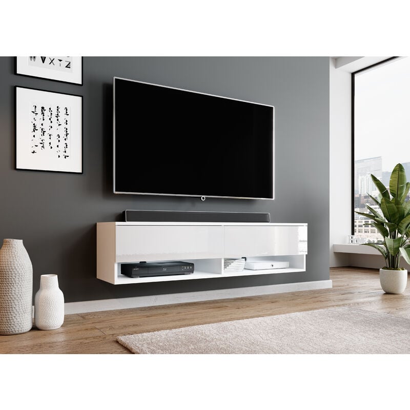 Furnix - tv lowboard Alyx meuble tv commode l140 x h34 x p32 cm - avec led - Blanc Mat / Blanc Brillant - Weiß