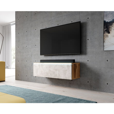 FURNIX meuble tv/ meuble tv suspendu Bargo 100 x 32 x 34 cm style contemporain chene wotan mat/ béton mat avec LED - chene wotan mat/ béton mat