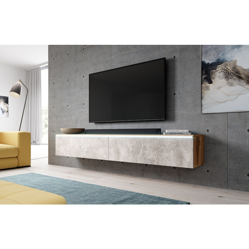 FURNIX meuble tv/ meuble tv suspendu Bargo 180 x 32 x 34 cm style contemporain chene wotan mat/ béton mat - chene wotan mat/ béton mat