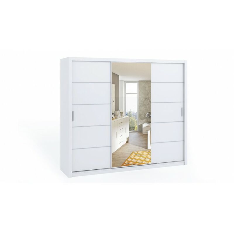 Schlafzimmerschrank BERTI Schrank Spiegel Türen Kleiderschrank 250cm Weiß - Furnix