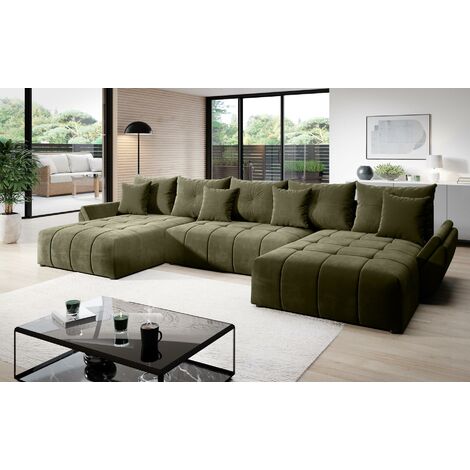 FURNIX Schlafsofa CALVANI U Polstercouch U-Form Bettkasten Kissen MH38 Moos Grün - Moos Grün