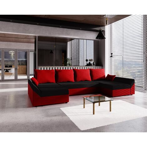 FURNIX Schlafsofa in U-Form DANTELO U Bettkasten & Kissen MI15+22 Schwarz-Rot