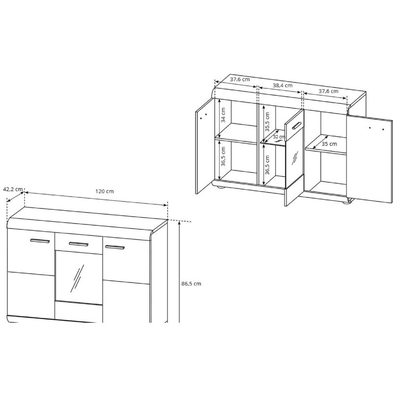 Sideboard lirya E120 3D Wohnzimmerkommode Flügeltüren Eiche Sonoma - Furnix