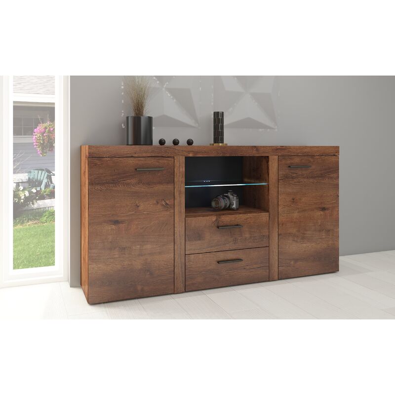 Furnix - Sideboard RIVA mit LED 2 Schubladen Glasvitrine 2F2S B156cm Eiche Lefkas