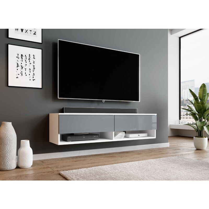 Tv Lowboard Alyx tv Cabinet Commode w140 x h34 x d32 cm - sans led - White Matt / Shiny Grey - Weiß - Furnix