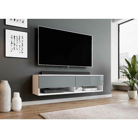 furnix tv Lowboard Alyx TV Cabinet Commode w140 x h34 x d32 cm - sans led - White Matt / Shiny Grey