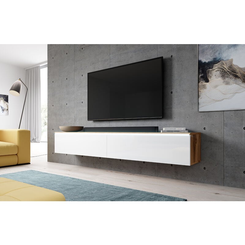 TV Lowboard BARGO Schrank Fernsehschrank 180 cm mit LED Wotan -Weiß Glanz - Furnix