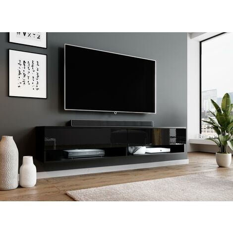 FURNIX TV Schrank ALYX Lowboard modern 180 cm ohne LED Schwarz - Glanz Schwarz