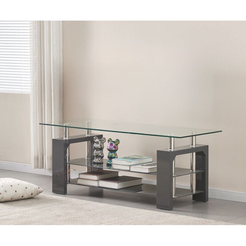 Furnizone Uk - Cosmo Clear Glass Top and 2 Grey Shelves with Grey High Gloss tv Stand