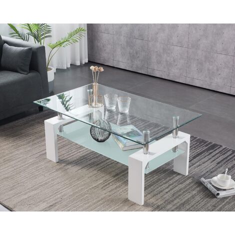 FURNIZONE UK Cosmo Clear Glass Top and Frosted Shelf with White High Gloss Coffee Table