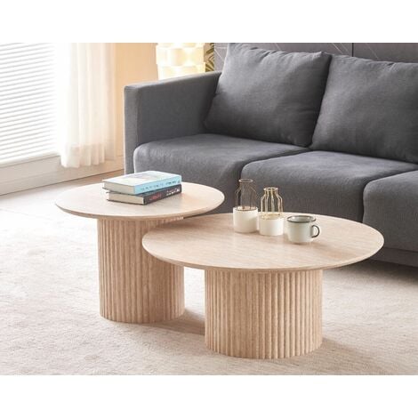 FURNIZONE UK Duo Set of 2 Round Travertine Effect with Fluted Cylindrical Base Coffee Tables