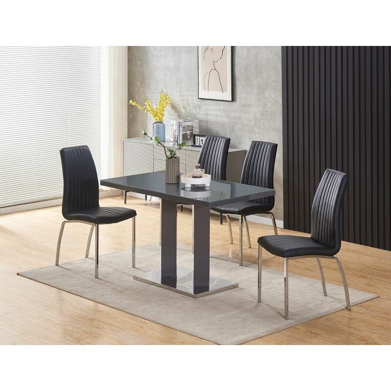 Meridian 4-Seater Grey Glass and Grey High Gloss Dining Table with 4 Modalux Black Faux Leather Chairs - Furnizone Uk