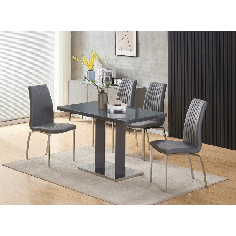 Meridian 4-Seater Grey Glass and Grey High Gloss Dining Table with 4 Modalux Grey Faux Leather Chairs - Furnizone Uk