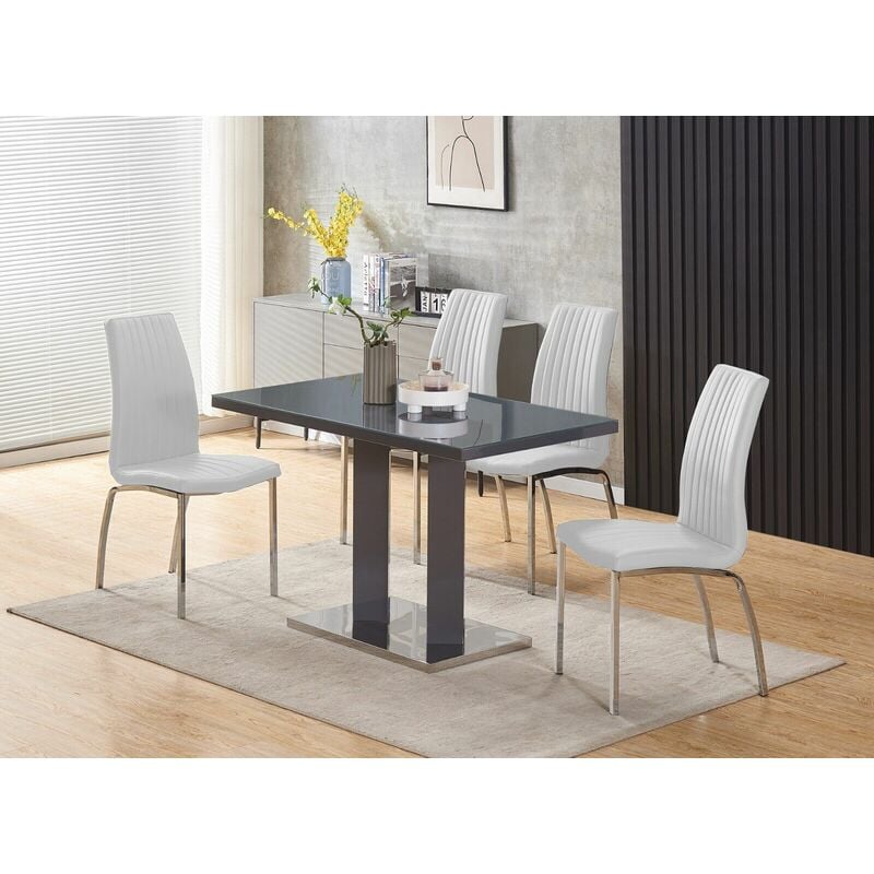 Meridian 4-Seater Grey Glass and Grey High Gloss Dining Table with 4 Modalux White Faux Leather Chairs - Furnizone Uk