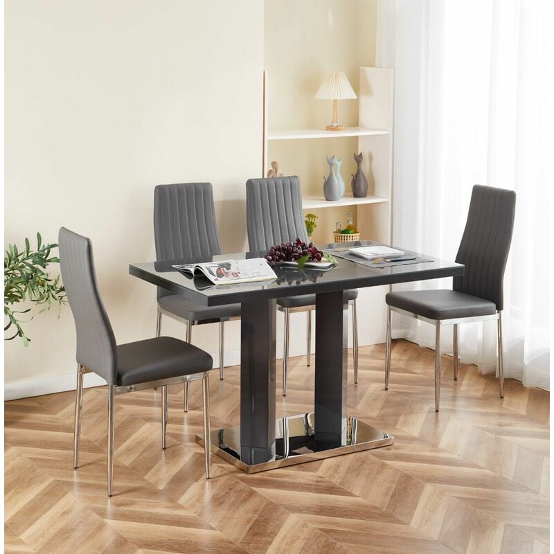 Meridian 4-Seater Grey Glass and Grey High Gloss Dining Table with 4 Monza Grey Faux Leather Chairs - Furnizone Uk