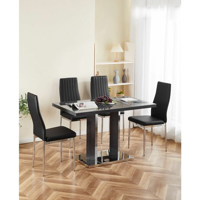 Meridian 4-Seater Grey Glass and Grey High Gloss Dining Table with 4 Monza Black Faux Leather Chairs - Furnizone Uk