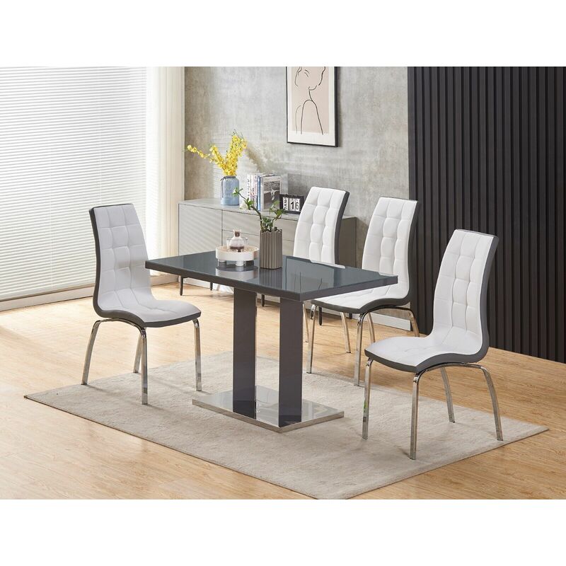 Meridian 4-Seater Grey Glass and Grey High Gloss Dining Table with 4 Vienna White Faux Leather Chairs - Furnizone Uk