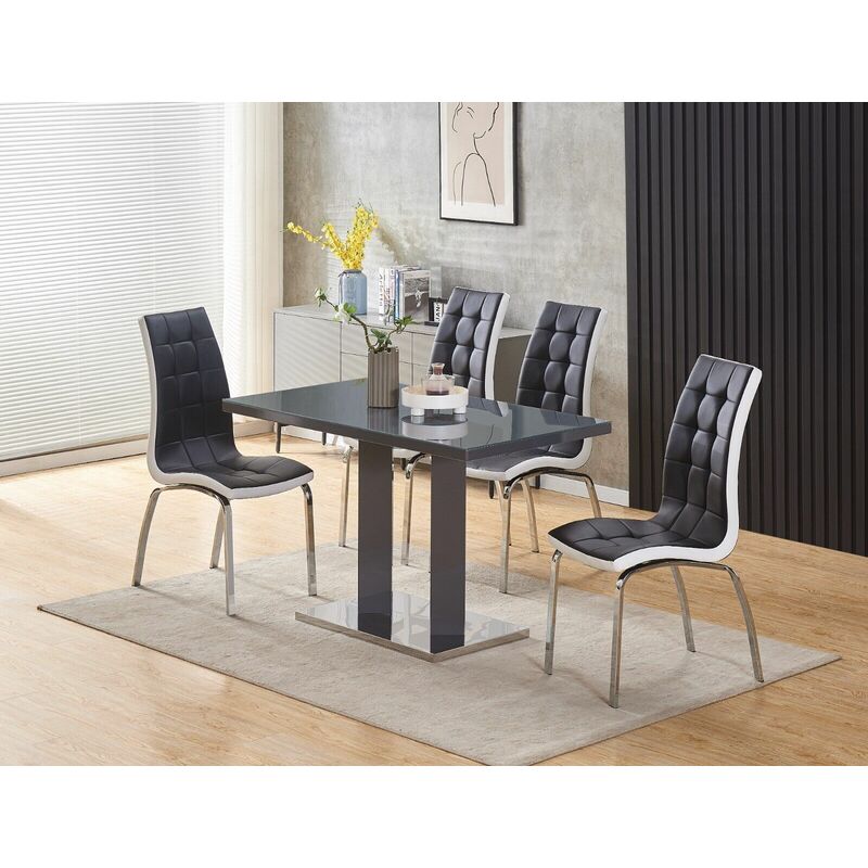 Meridian 4-Seater Grey Glass and Grey High Gloss Dining Table with 4 Vienna Black Faux Leather Chairs - Furnizone Uk